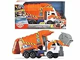 Dickie 186380 Toys Müllauto, Müllabfuhrwagen, Müllwagen, Spielzeugauto, batteriebetriebene Gabel mit Mülltonne, Kippfunktion, Licht & Sound, inkl. Batterien, 46 cm groß, ab 3 Jahren
