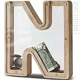 DBPBToU Spardose aus Holz Buchstaben, Sparschwein Durchsichtig für Kinder, Sparbox Personalisierte, Kreative Piggy Bank für Geburtstag Geschenk/Heimdekoration/Keepsake (N)