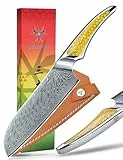 SANMUZUO 17,5CM Santokumesser, Kochmesser aus Japanischem VG-10-Damaststahl, ultrascharfes Küchenmesser mit Ergonomischer Griff aus Gelb Harz, Serie LA-S9