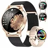 HIRREO Smartwatch Damen Telefonischer Anruf Dünner 1.32' HD AMOLED Touchscreen Smartwatch Damen Schwarz Gold Kompatibilität iOS Android,2 Armbändern,100+ Sportmodi/Kalorie/Schlaf/Menstruationszyklus