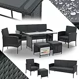 Juskys Polyrattan Gartenmöbel Sitzgruppe Turin Set 6 teilig - 7 Personen - Outdoor Möbel mit Sessel, Hocker, Tisch & Kissen - Loungemöbel Schwarz