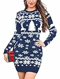 Totatuit Weihnachtskleid Damen Langarm mit Rentier und Schneeflocken Figurbetontes Design Outfit für Party und Winterfotos Dunkelblauer-Weihnachtsbaum M