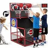 HYES 3 in 1 Dual Shot Basketball Arcade Spiel mit 2 Dart Boards/Elektronische Anzeigetafel/LED Licht, Kinder Basketballkorb für 2 Spieler Indoor Outdoor, Sport Spielzeug für Jungen Mädchen Alter 3-12