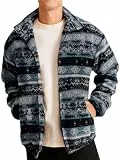 Runcati Herren-Fleece-Jacke, Aztekenmuster, flauschig, lässig, durchgehender Reißverschluss, bedruckt, Herbst, Winter, weiche Oberbekleidung mit Tasche, Blau, XXL
