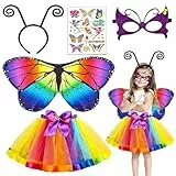 5 Stück Kostüm Schmetterling Kinder, Schmetterling Flügel Kostüm, Schmetterling Umhang Kostüm mit Bunte Flügel, Maske, Tüllrock, Haarreif und Tattoos, für Cosplay, Karneval, Fasching, Geburtstag