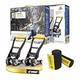 Gibbon Slacklines FlowLine | 1 Zoll / 2,5cm Band | Anfänger & Fortgeschrittene | Doppelratsche & Spacer | Zweifarbiges Gurtband | Inkl. TreeWear | Perfekte Freizeitbeschäftigung