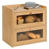 Relaxdays Brotkasten Bambus, 2 Etagen, Brotlade mit Sichtfenstern, Klapptüren, HBT: 34 x 36,5 x 24 cm, Brotbox, Natur