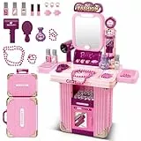 deAO Kinder Schminktisch für Mädchen, 2 in 1 Kinderschminktisch Frisiertisch mit Musik & Licht 18 Stücke Princess Schönheitsstudio Kinderschminke Friseur Set für Kinder ab 3 Jahren