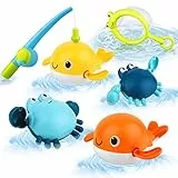 twoonto Badespielzeug, Angelspiel mit 4 Stück aufziehbarem Badespielzeug, Fischernetz, schwimmendes Pool-Badewannenspielzeug, Montessori-Spielzeug für Kleinkinder für 1 2 3 4 5 Jahre