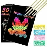 Vicloon Kratzbilder Kinder, 50 Blätter Regenbogen Kratzpapier,5 Holzstifte,4 Malschablonen, Magic Scratch Book, Kratzpapier Set zum Zeichnen und Basteln, 13 * 19cm…