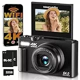 Digitalkamera 4K 64MP Kamera Fotokamera mit WLAN, 3' 180° Klappdisplay Autofokus Fotoapparat Digitalkamera, 18X Digitalzoom Kompaktkamera mit Selfie für einsteiger, mit 32GB Karte, 2 Batterien
