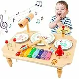 YGJT Schlagzeug Kinder, Trommel 11-in-1 Musikinstrumente Kinder ab 1 2 3 Jahre mit Xylophon, Montessori Baby Spielzeug Kinderspielzeug Holzspielzeug für Ostern Weihnacht Geschenk Junge Mädchen