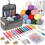 Coopay 73 Stück Häkelset für Anfänger, Tragbar Häkelnadel Set mit 15 Wolle, Tasche, Häkelzubehör, 2,0-10 mm Ergonomische Häkelnadeln mit Lang Weicher Griff, Praktische Häkelnadel Set, Hellgrau