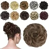FESHFEN Haarteil Mit Gummiband, Dutt Haarteil Haargummi Mit Haaren Gelockt Haardutt Synthetisch Haar Haarverlängerung Pferdeschwanz Haarteile für Damen Mädchen, Goldbraun 42g