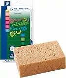 STAEDTLER Wandtafelkreide, hervorragende Farbabgabe, staubfrei, leicht abwischbar, Kartonetui mit 12 farblich sortierten Tafelkreiden, 2360 (Farbig, Kreiden + Tafelschwamm)