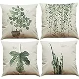 BINXWA 4 Stück Kissenbezug 45x45,Grünes Blatt Thema Deko Baumwolle Leinen Kissenhülle Sofa Kissenbezug Outdoor Garten deko