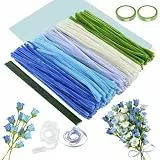 Joyblossom 300 Stück Pfeifenputzer Zum Basteln, 5 Farben Pfeifenreiniger Blumen Set, Pfeifenreiniger Zum Basteln, mit Geschenkband, Blumendraht, für DIY Dekoration und Geschenke, Blau