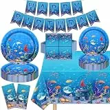 TJYJOY 123 unter dem Meer Party Supplies Ozean Tier Geburtstag Party Dekorationen Ozean unter dem Motto alles Gute zum Geburtstag liefert enthalten Teller Servietten Banner Tischdecke für 40 Gäste