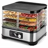 LEHMANN Dörrautomat Edelstahl, Dörrgerät mit 5 höhenverstellbaren Dörrtabletts, Temperaturregelung 35-70°C, BPA-frei, 24h-Timer, Obsttrockner für Pilze, Früchte, Fleisch, Gemüse