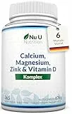 Calcium Magnesium Zink Hochdosiert - 365 Vegetarische Tabletten - 6 Monate - Kalzium Complex mit Vitamin D, Selen, Mangan, Bor & Kupfer - 800mg Calciumcarbonat pro Tagesdosis - Nu U Nutrition