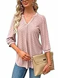 Damen Bluse Elegant V-Ausschnitt 3/4 Ärmel T-Shirts Oberteile Lässige Tunika Kurzarm Shirt Blusen Casual Solide Tops Longshirt für Sommer Hemdbluse Rosa M