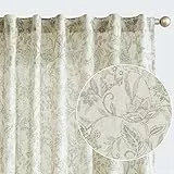 TOPICK Gardinen Leinen Vorhänge Blumen Bedruckt Wohnzimmer Gardine mit verdeckten Schlaufen Curtains Living Room für Schlafzimmer Landhaus Tür 2er-Set Grün auf Beige 140B x 225H(cm)