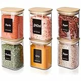 ComSaf Gewürzgläser mit Etiketten 240 ml × 6，Vorratsgläser, Gewürzbehälter Glas Rechteck mit Holzdeckel, Gewürzdosen Luftdichte für Spice, Kräuter, Tee, Kaffee, Curry, Küche & Vorratsschrank