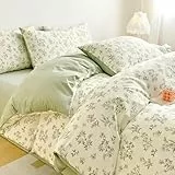 Nayoroom Bettwäsche Baumwolle 135x200 Blumen Weiß mit Grün Blätter Rosa Blumen Muster Bettbezug Set 2teilig Aesthetic Pflanzen Botanisch Wendebettwäsche mit Reißverschluss und 1 Kissenbezug 80x80 cm