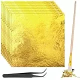 150 Blatt Goldfolie Flocken blattgold essbar Goldfolie Papier 14X14CM Blattgold torten deko mit Pinzetten und Bürsten,Blattgold Imitation für Vergoldung,Malerei,Küche Mousse Kuchen,Handwerk Nägel