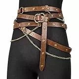 HiiFeuer Mittelalterlicher DIY-Kunstleder-Metallkettengürtel, Vintage Verstellbarer dünner Gürtel für Frauen, Retro Skinny Gürtel für Kleider (Braun A)