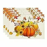 Artoid Mode Kürbisse Ahornblätter Sonnenblumen Herbst Platzsets 4er Set, 30x45cm Urlaub Tischsets Waschbar Platzdeckchen Küche Party Deko