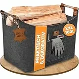 BLACK OAK Montana XXL 100L Filzkorb & Holzkorb für Kaminholz - Echt-Leder Applikation + breite Griffe + Fronttasche extra groß - Filz Tasche Korb für Holz faltbar Transport & Aufbewahrung grau
