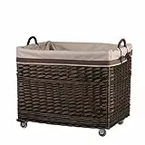 e-wicker24 Kaminkorb aus Weide mit Rollen und Stoffbesatz, Holzkorb Rechteckig (Dunkelbraun)