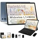 Dghrti Tablet Android 14 10 Zoll, 22GB RAM + 128GB ROM (TF 1TB), Octa-Core, 2.0GHz, Widevine L1, 8000mAh, Dual WiFi, 5MP+8MP, Metallgehäuse, 2 in 1 Tablet mit Tastatur und Maus-Grau