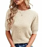 Runcati Damen Kurzarm Strickpullover Casual Rundhals Puffärmel Elegante Einfarbige Sweateshirt Pullover,Beige,L