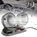 Foreverup Auto Ventilator 12V/24 V,Doppelkopf Auto Lüfter 2 Geschwindigkeiten,Auto Kfz Lüfter 180° Einstellbare & 360° Drehbarer mit USB und Klebstoff,für Auto, LKW, SUV,Van,Schreibtisch（Schwarz）
