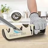 Messerschärfer,4 in 1 Manuelle Messerschärfer mit Scherenschleifer,Messerschleifer Profi mit 6 Stufen Individuell Verstellbar,Ergonomischer Griff Messer schärfen für Küchenmesser(Mit Handschuh), Beige