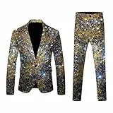 Generisch Herren Anzugjacke mit Pailletten Fasching Kostüm Glitzer Slim Fit Glänzende Anzüge Sakko Hose Glänzende Anzug Herren 70er 80er Jahre Disco Outfit Metallic Glitzer Anzug