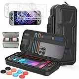 FYOUNG Switch 2 Tasche + Hülle + Schutzfolie für Nintendo Switch 2 (2025) mit Joystick Kappen und Spielkarten Aufbewahrungsbox, 5-in-1 Reisetasche und Schutzhülle Zubehörset - Schwarz