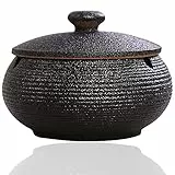 Panngu Windaschenbecher Schwarz Retro Keramik, Aschenbecher mit Deckel für Draußen, Einfachheit Zigarren Aschenbecher für Zuhause und Büro Dekoration (11.5X8.5cm)