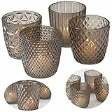 LS-LebenStil 4X Glas Teelichthalter Retro Grau Braun 7cm 4´er Set Kristall Ornament Teelicht-Gläser Windlicht-Halter Kerzenständer Tischdeko Kerzen Deko Kerzenhalter für Teelichter Hochzeit