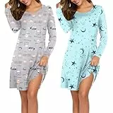 Ekouaer 2er Nachthemd Damen Langarm Schlafshirt Print Sleepshirt Frauen Rundhals Nachtwäsche Nachtkleid Stern+Kaffee XXL