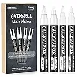 GAINWELL Weißer Flüssiger Kreidemarker 3mm und 6mm Spitzen – Verwendung auf Kreidetafel, Whiteboard, Glas – 4er Pack – Wasserbasierender Stift zum Abwaschen mit Feuchttuch