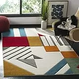 SAFAVIEH Moderne Grafik Teppich für Wohnzimmer, Esszimmer, Schlafzimmer - Hollywood Collection, Kurzer Flor, Elfenbein und Pfauenblau, 160 X 229 cm