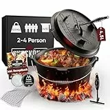GUSSKÖNIG Dutch Oven Set 4,5 Liter [für 2–4 Person] – Eingebrannter Feuertopf mit Füße, inkl. praktischem Deckelheber, Ringreiniger, Pflegepaste & Rezeptbuch – 30 Jahre Garantie
