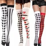 THXFUNAREA 3 Paar Overknee Strümpfe Damen Gemustert – Lange Kniestrümpfe Weiß Schwarz Rot mit Karomuster & Herz, Cosplay Kostüm Socken für Karneval Fasching Halloween Party