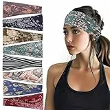8 Stück Haarbänder Damen, Elastisches Stirnband Damen Sommer Breites Kopfband Weiches Haarband Mehrfarbig Blumendruck Schweißabsorbierend für Lauf Yoga Fitness