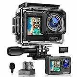 Surfola Action Cam 4K 60FPS Unterwasserkamera, WiFi, 40M wasserdichte Kamera, 170° Einstellbarer Weitwinkel, EIS Helmkamera, Dual-Screen-Camcorder mit Mikrofon und 2 Batterien