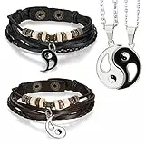 Aroncent Yin Yang Armband Halskette: 4PCS Tai Chi BAGUA Armband Halskette Set Edelstahl Kette Anhänger Lederarmband Wickelarmband Armreif Armschmuck Schwarz Braun Silber