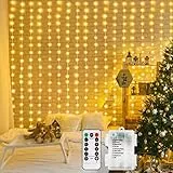 DBFAIRY 2x2M Lichtervorhang innen, 200 LED Lichterketten Vorhang mit 8 Modi Fernbedienung Timer, Batterie Lichterkette Vorhang Wasserfest für Party Hochzeit Innen und außen Deko (Warmweiß)